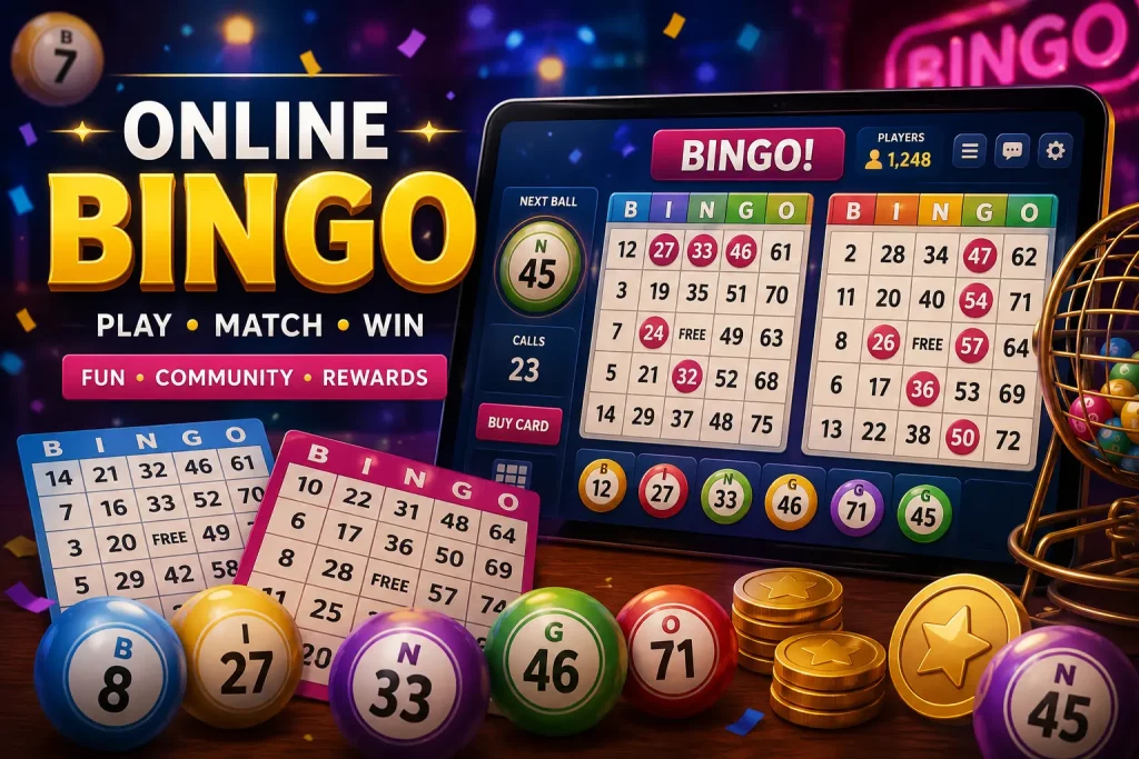 A vibrant promotional illustration for an online bingo game showing a colorful digital interface with “BINGO!” on a tablet screen, numbered bingo cards, marked balls, coins, and confetti. The scene emphasizes excitement, multiplayer gameplay, and rewards in a neon-lit gaming environment.