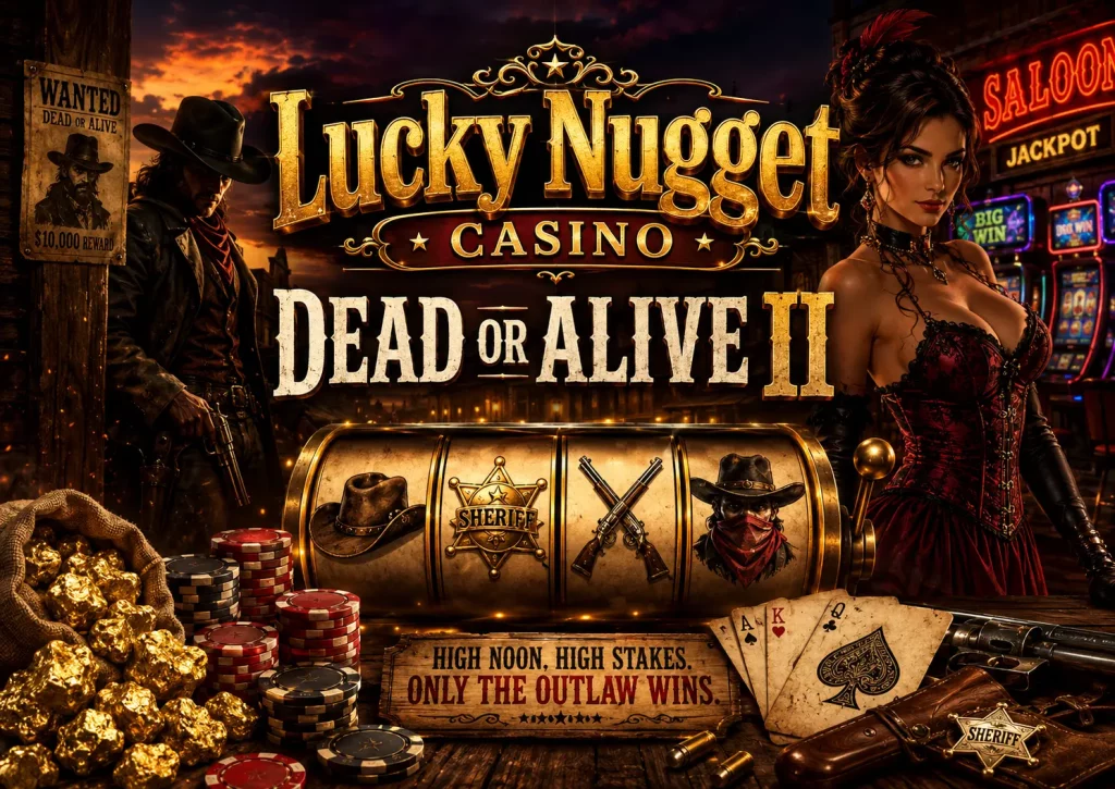 Lucky Nugget Casino Dead or Alive II banner with a Wild West saloon theme, gold nuggets, poker chips, slot reels, playing cards, and western casino characters.